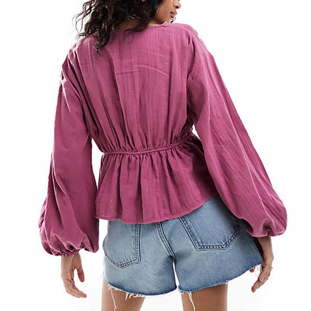 2024 Women's Summer Ruched Drop Shoulder Long Sleeve Shirt