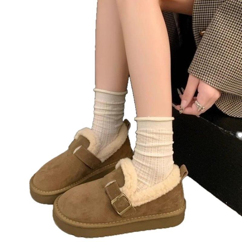 New Thick-soled Boken Shoes, Women's Fleece Anti-slip Woolen Shoes, Flat Bread Shoes, Cotton Shoes