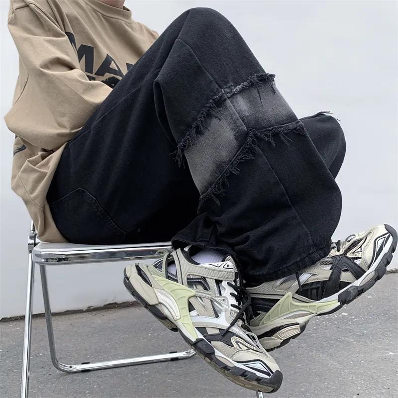 Młodzieńcza Witalność Modne Szyte Jeansy Odzież Męska Frędzle Szerokie Nogawki Spodnie Jeansowe Zniszczony Streetwear Proste Spodnie