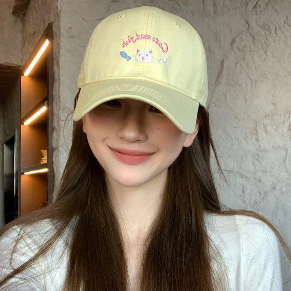 Embroidery Cat Sunshade Hat Casual Peaked Cap Simple Cartoon Baseball Cap  Students