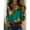 The Lady's Long-sleeved Button-down Shirt Features a Green Butterfly Flower Design with Exquisite Insect Patterns, Making It Perfect for a Date.