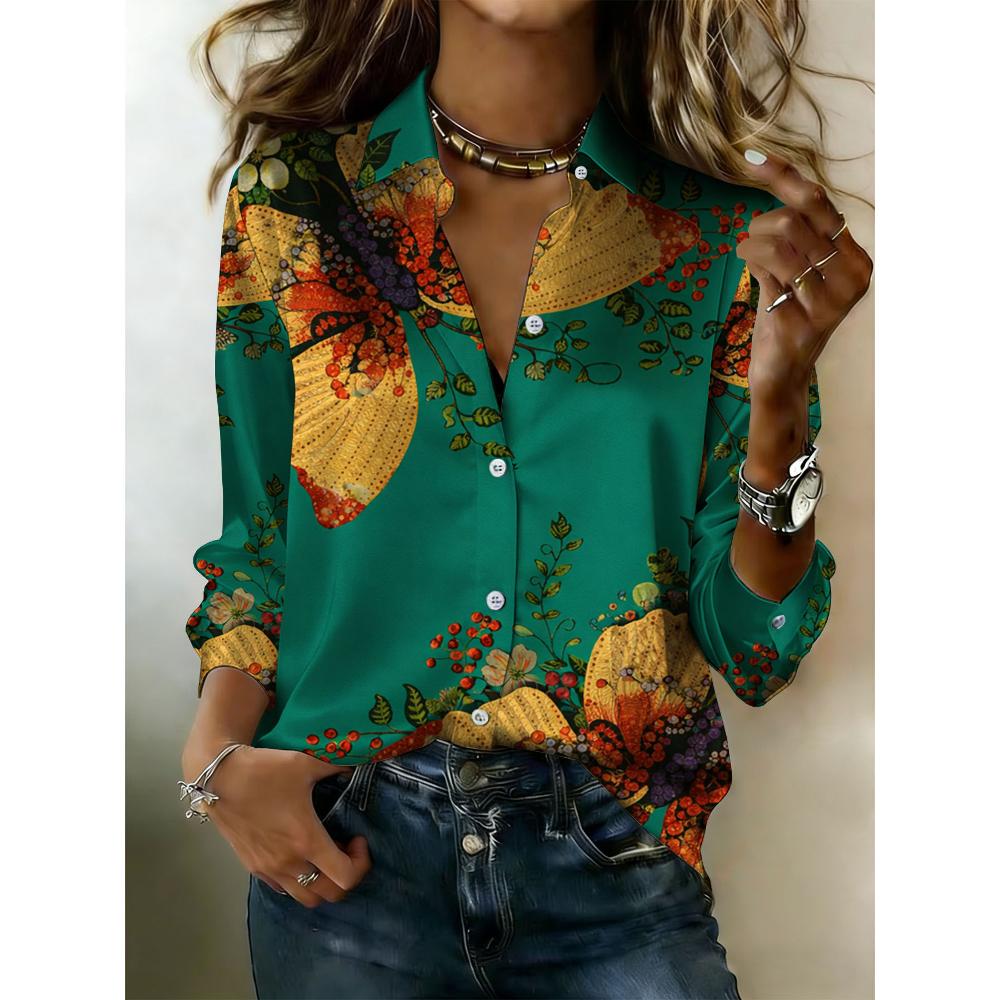 

The lady s long-sleeved button-down shirt features a green butterfly flower design with exquisite insect patterns, making it perfect for a date. S зелёный