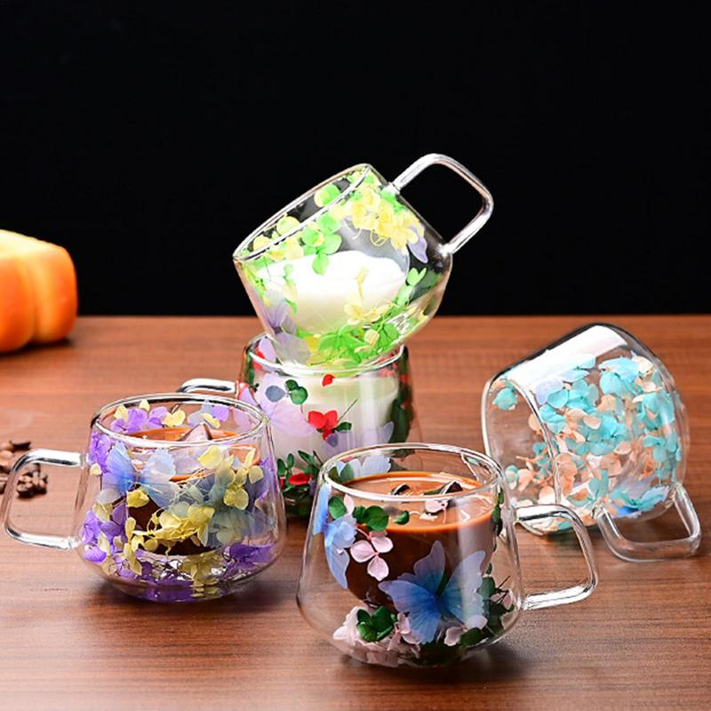 200ml Double Wall High Borosilicate Clear Glass Cup Dried Flowers Glass Tea Cup Coffee Mug with Handle Heat Resistant Tea Cups