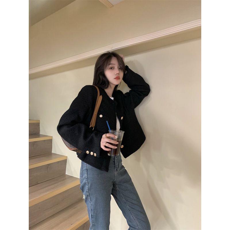 

Kumikumi Graceful Retro Button Cardigan Outerwear Women Autumn Loose Slimming Short All-Match Black Top Black L