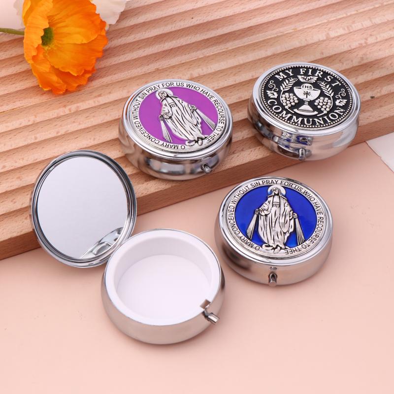 Retro Metal Holy Communion Saint Benedict Rosary Gift Boxes Round Religious Jewelry Packing Case