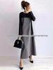Vestido Japonês-Coreano Color Block de Manga Longa Emagrecedor Outono/Inverno 2025