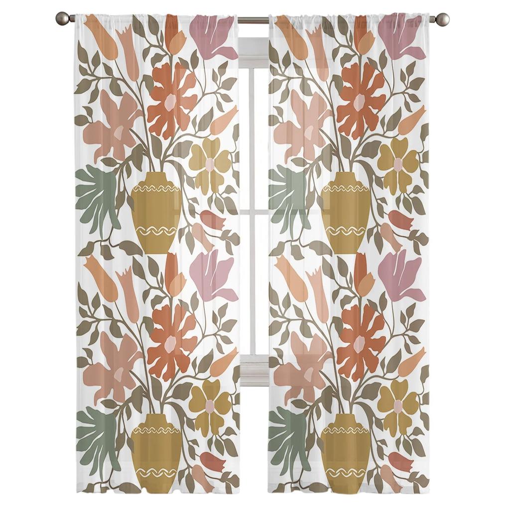 Line Color Block Flower Leaves Bedroom Transparent Sheer Curtains Holiday Decoration Window Voile Tulle Curtain