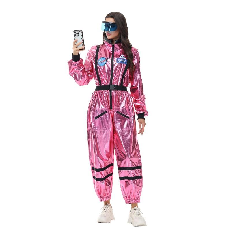 Adult Pink Shiny Jumpsuit Astronaut Costume Halloween Cosplay Party Outfit