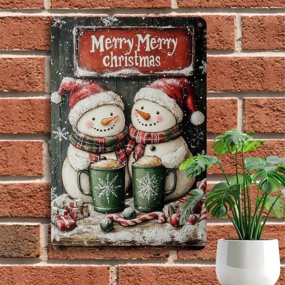 Vintage One Piece Snowman Tin Metal Wall Sign Christmas Holiday Home Decor