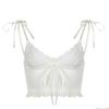 Women Simple Lace Flower Pit Strip Drawstring V-neck Suspender Vest Short Top