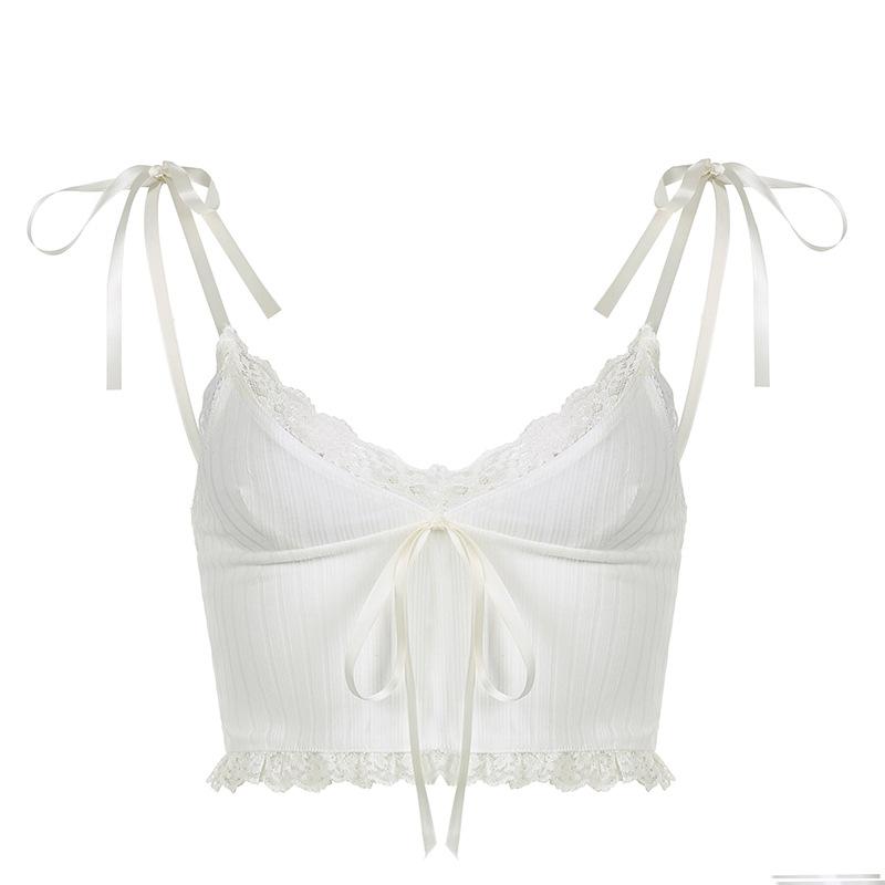 Women Simple Lace Flower Pit Strip Drawstring V-neck Suspender Vest Short Top