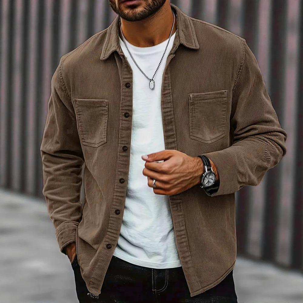 Men Corduroy Shirt Long Sleeve Plaid Solid Color Wrinkle Free Business Casual Slim Fit Top