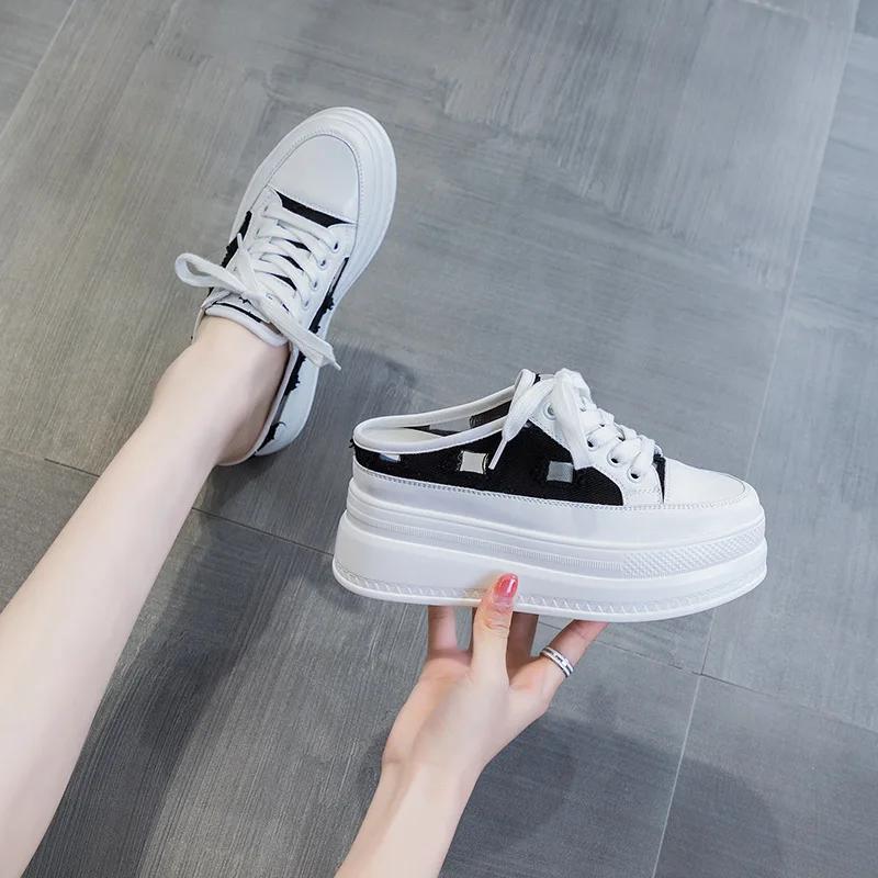 8cm Canvas Shoes Slippers Platform Wedge Sneakers Slides Mules Shoes for Women Fashion Summer Shoes Sandals Zapatillas De Mujer