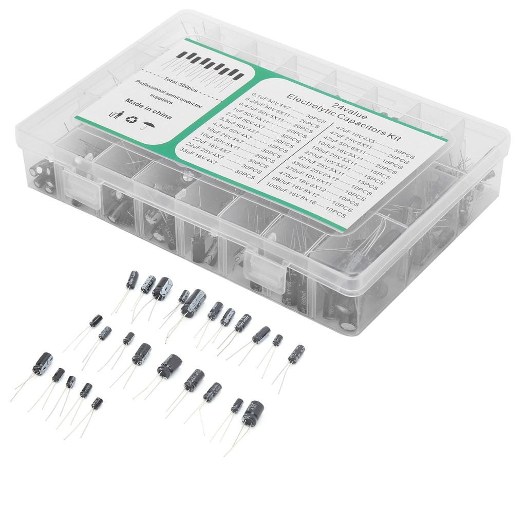 500Pcs Electrolytic Capacitor Kit 24 Value Assortment Box 0.1uF?1000uF 10V 16V 25V 50V