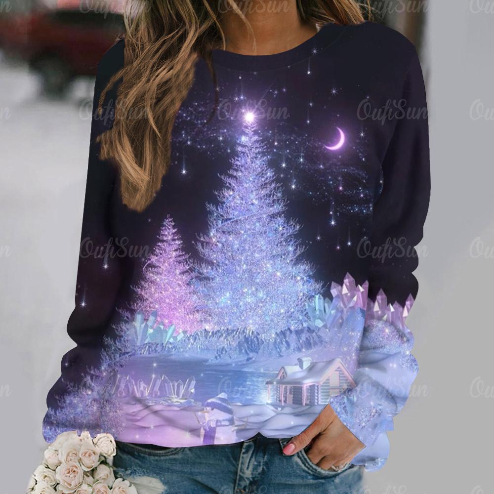 Christmas Tree Printed Women's T-Shirt Holiday Clothing For Ladies Autumn O-neck Loose Long Sleeve Tops Female Harajuku Pullover