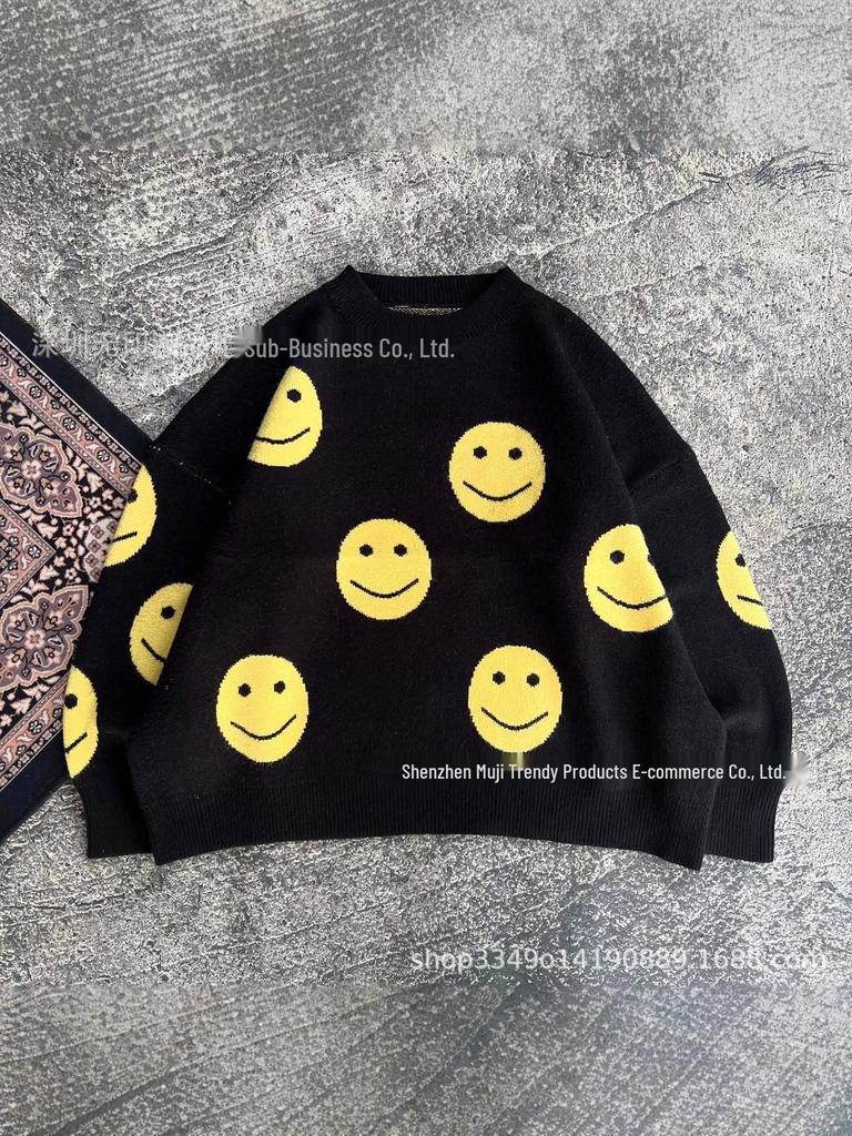 Unisex 3D Smiley Face Jacquard Loose Pullover