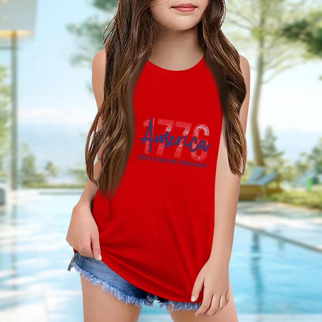 Girls  Kids Summer Crewneck Sleeveless Shirts Tank Tops Independence Day