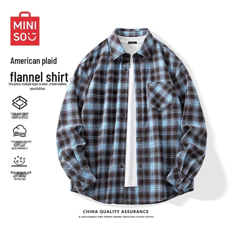 MINISO Men's Retro Plaid Flannel Long Sleeve Shirt Jacket