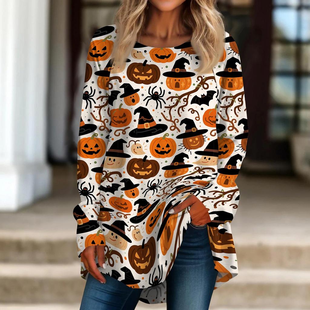 Women's Halloween Graphic Print Long Sleeve T-Shirt Loose Fit Round Neck Pullover