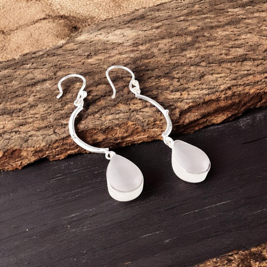 Selenite Gemstone 925 Solid Silver Jewelry Handmade Earrings 2.60" Gift For Her EE-43-43