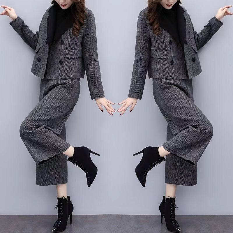Women's Autumn and Winter Two-piece Pants Herringbone Woolen Coat Wide-leg Pants Slim Fashion Suit Women