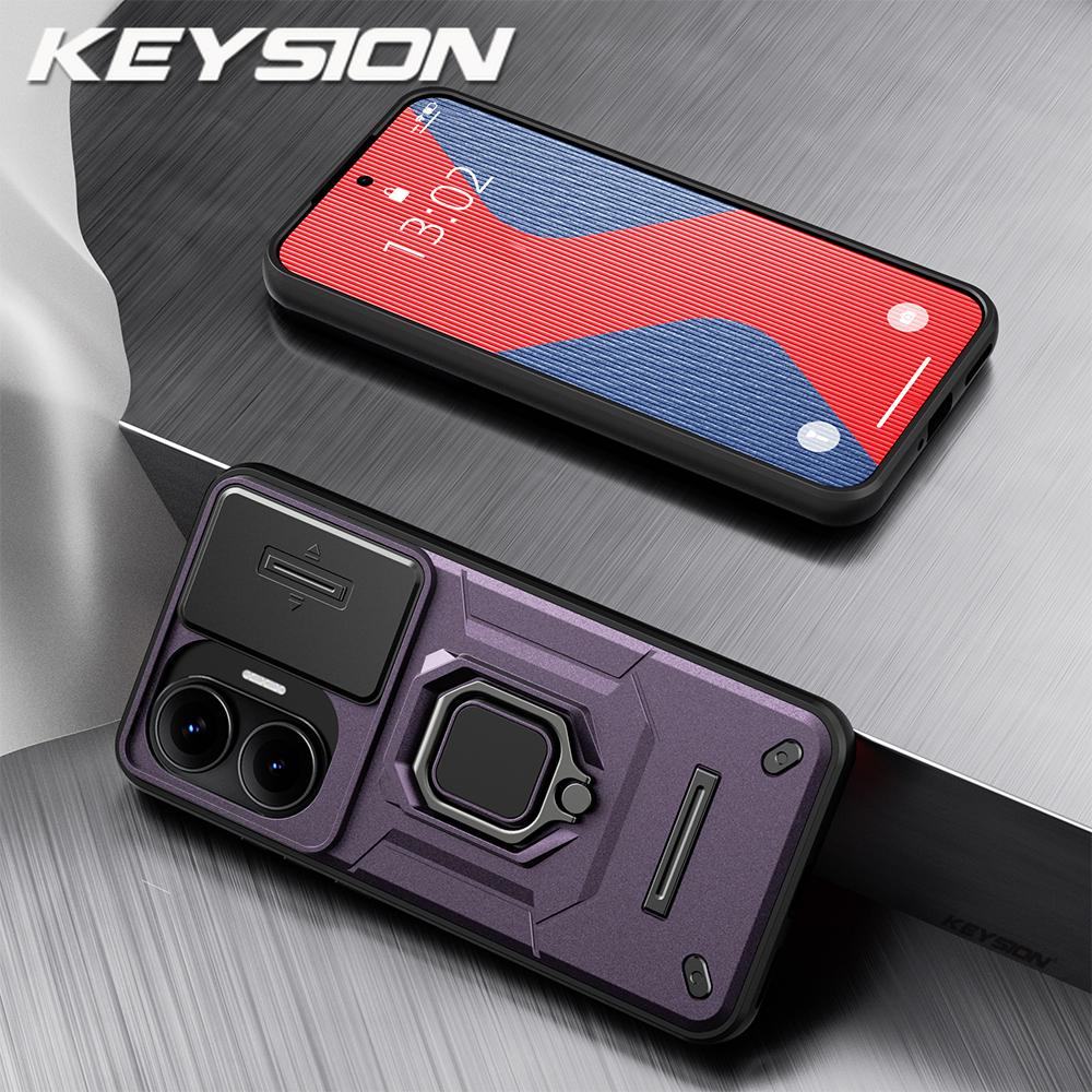 KEYSION Shockproof Armor Case for Xiaomi POCO F7 5G Slide Camera Lens Protection Ring Stand Phone Cover for Redmi Turbo 4 Pro