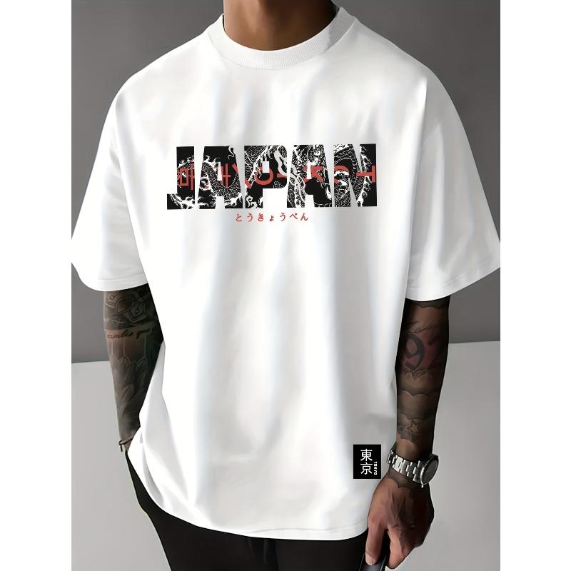 European Size Tokyo "JAPAN" Letter Print T-Shirt, Youth Fashion Tee, Slightly Dropped Shoulder Round Neck T-Shirt, Streetwear T-Shirt, Men's T-Shirt