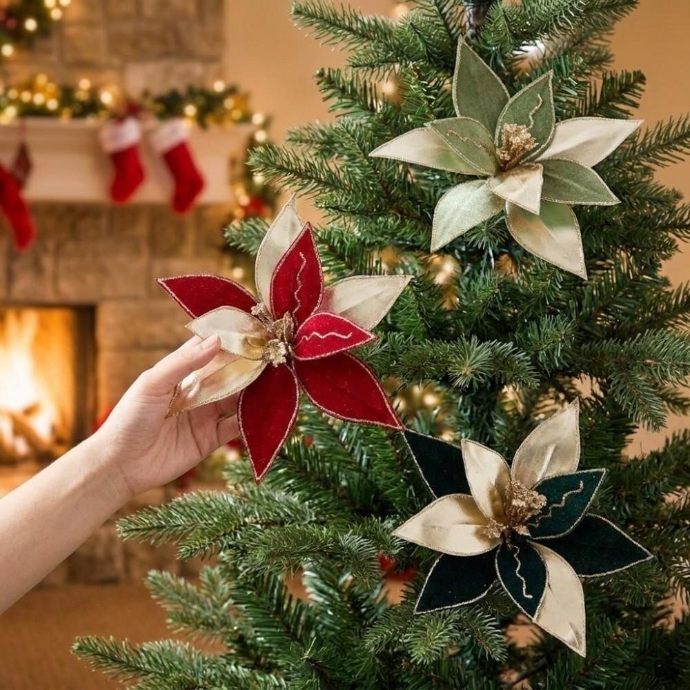 Velvet Texture Artificial Christmas Flower Glitter Edge Xmas Floral Decor  Tabletop Display