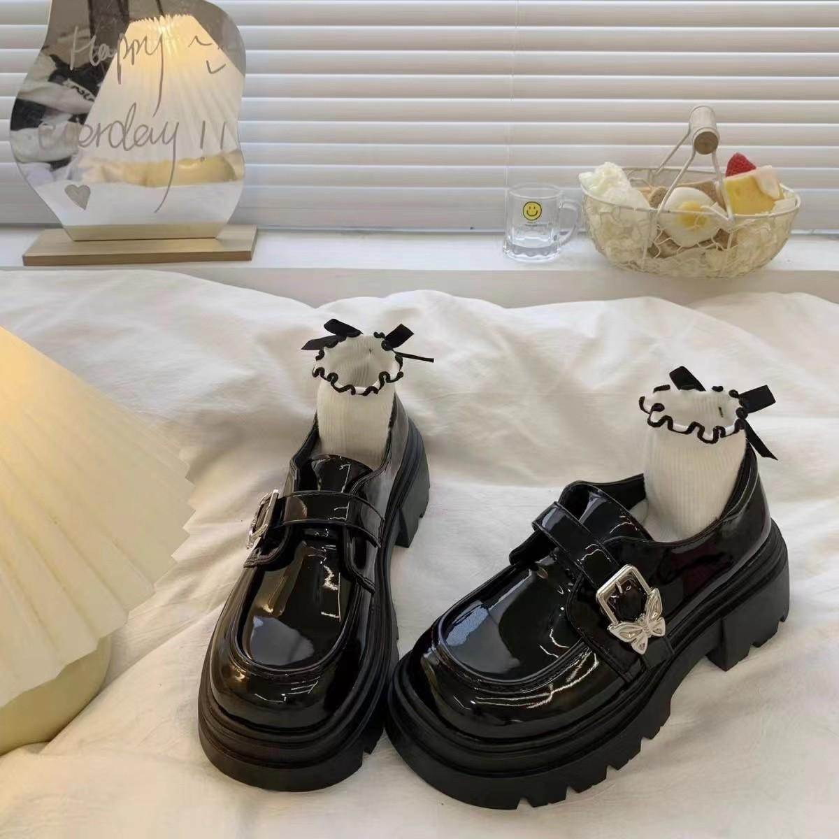 

Британские черные туфли из кожи с пряжкой-бантом, весенние и летние носки с юбкой, туфли Мэри Джейн 40