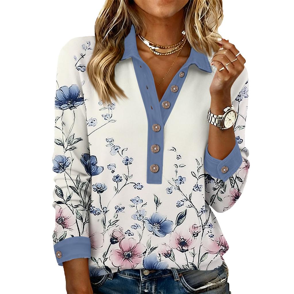 Damen Retro Street Lässiges V-Ausschnitt Langarm Knopf Floral Print Pullover Top