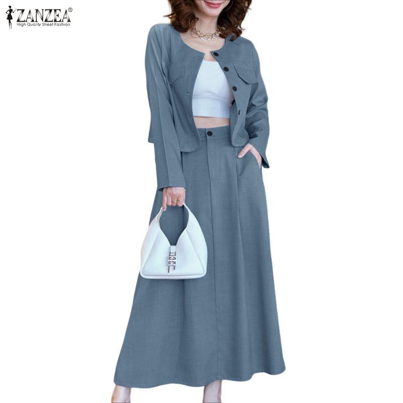 ZANZEA Blusa a Maniche Lunghe da Donna e Gonne Casual Set Completi Due Pezzi