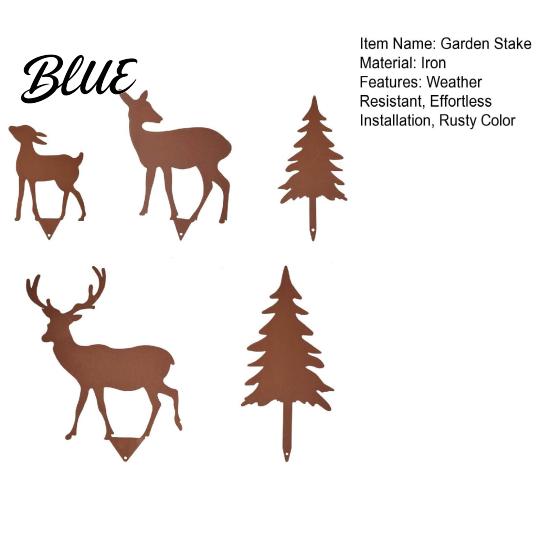 Vintage Style Yard Stakes 5Pcs/Set Forest Deers Garden Stakes Rusty Christmas Tree Elk Family Weather Resistant Ornaments Outdoor Metal Art for Lawn