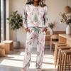 Women's Casual Pajama Set with Round Neck Long Sleeve and Wide Leg Pants for Sleep