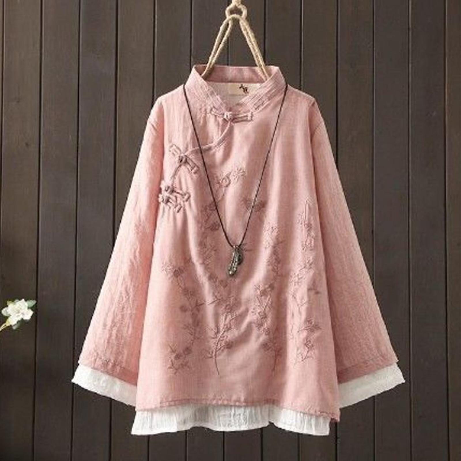 

Женское винтажное свободное платье-кимоно с пэчворком, вышивкой, воротником на пуговицах, китайское, с круглым вырезом, из смесовой хлопково-льняной ткани XXL розовый