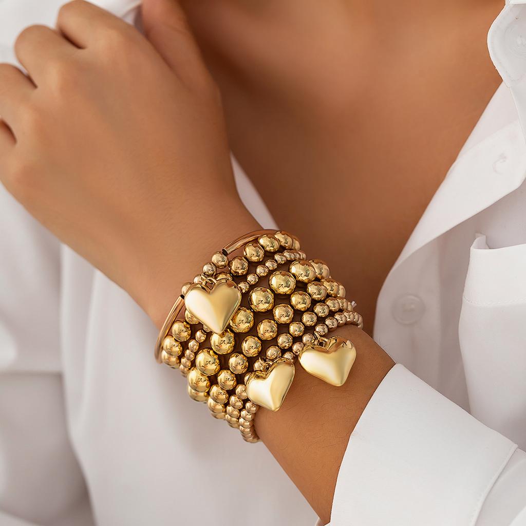 Punk Stacked Love Pendant Beaded Bracelet, Simple Imitation Pearl Elastic Bracelet Bracelet