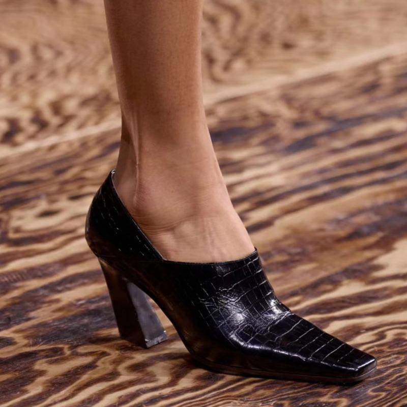 Fashion European American Stone Patterned Thick Heel Square Toe High-heeled Shoes Fashion Runway Commuting Casual Women Single Shoes 42