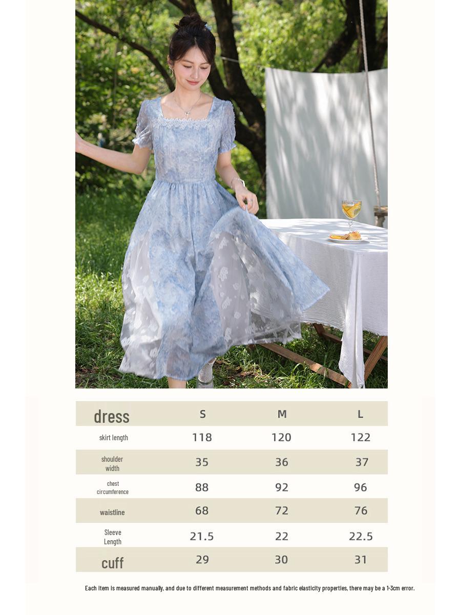 

Deer Heading South French Blue Floral Square Neck Cinched Waist Summer Dress M