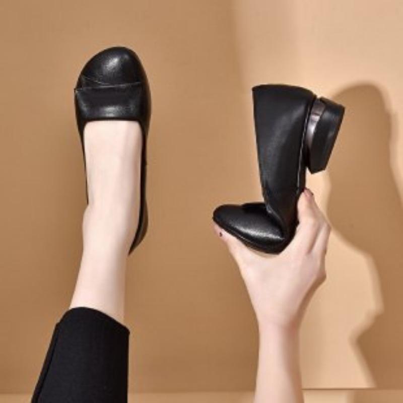 Single Shoes Women Chunky Heeled Mom Shoes Retro Soft Bottom Shallow Mouth Small Leather Shoes