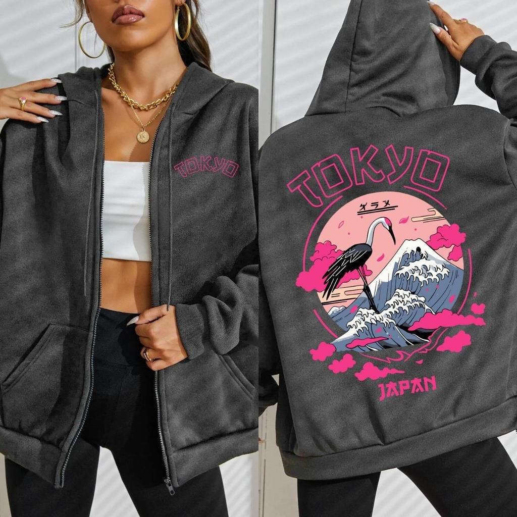 Tokyo Japan Crane Waves Design Zipper Hoody Women Harajuku Loose Streetwear Fleece Soft Hoodie Autumn Female Clothes