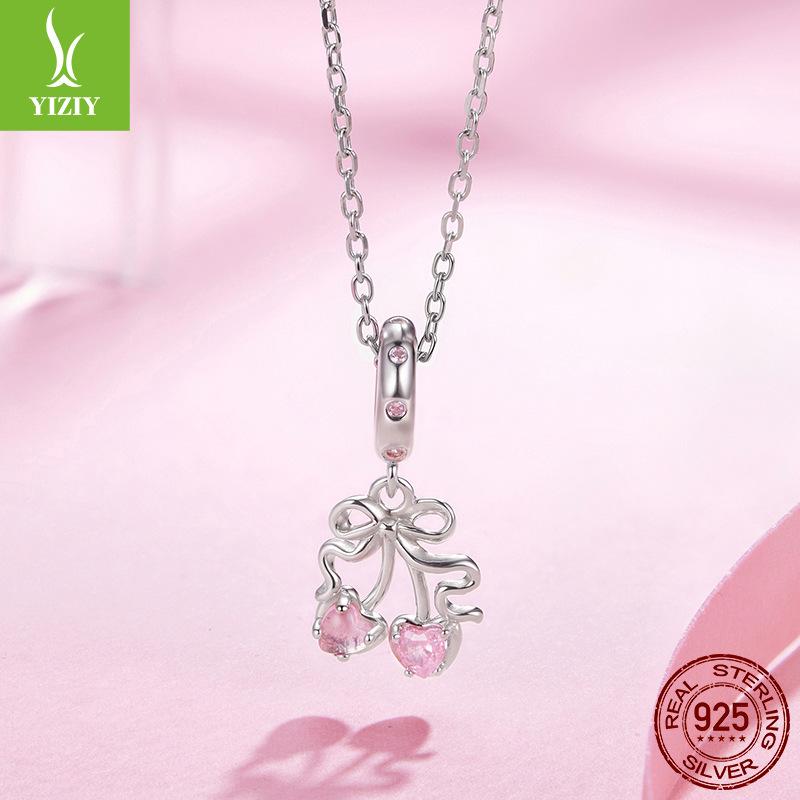 S925 Sterling Silver Pink Cherry Pendant Jewelry Accessories Sweet And Cute Bow Diy Beads