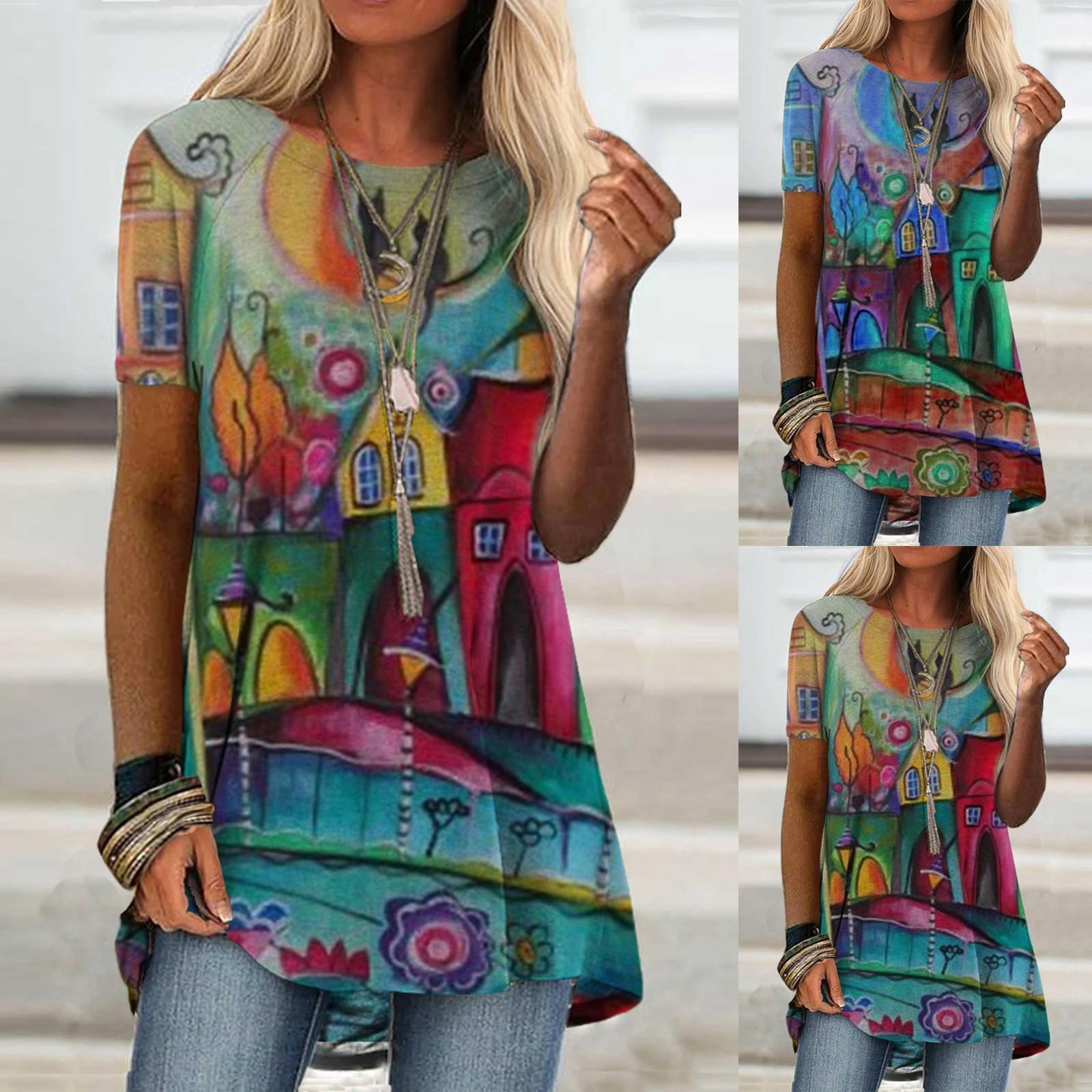 

Модная женская летняя футболка с коротким рукавом и круглым вырезом с принтом, длинные стильные топы