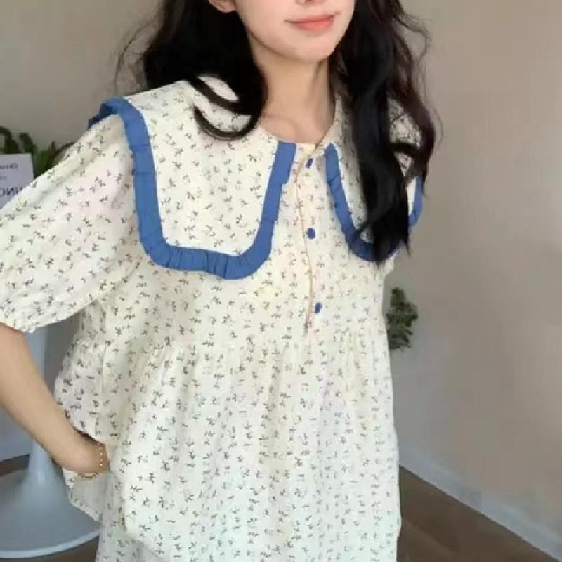 Summer Girl Sleepwear Set With Doll Collar And Floral Print Made Of Milk Silk For Cozy Home And Sleep Comfort
