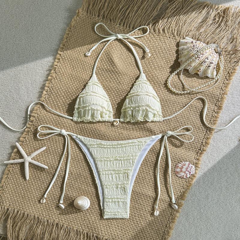 Solid Color Women Halter Three Piece Bikini Swimwear For Beach Swimming S