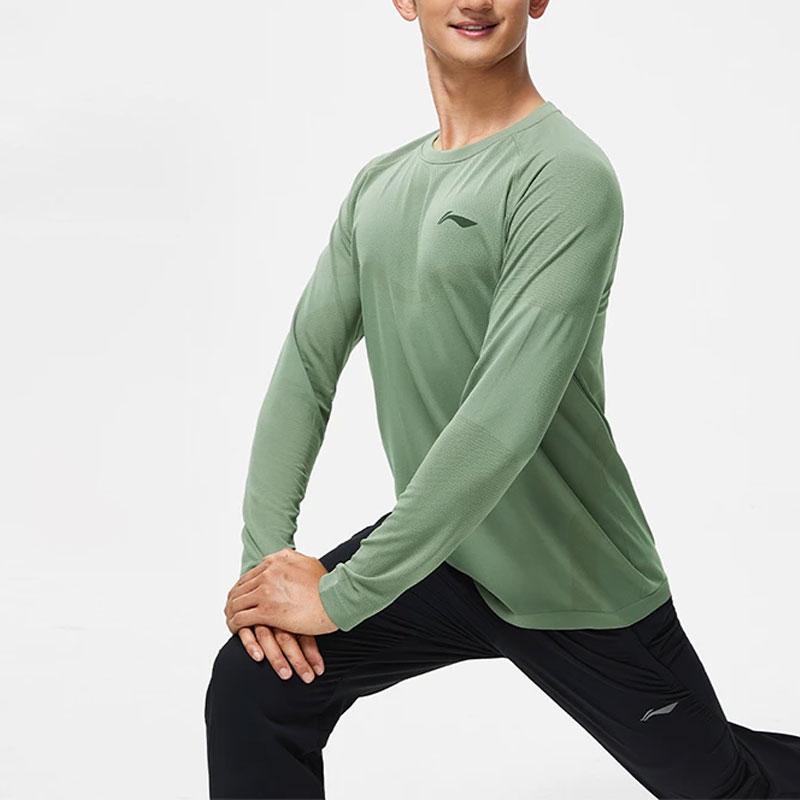 Li Ning Running Series Solid Color Logo Warm Long Sleeve Puff Sleeve T-Shirt Men Tops Gray-Green ATLT077-2