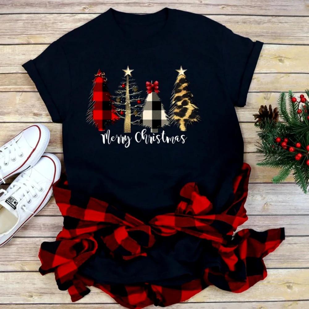 Casual Loose Fit Christmas Tshirt for Women Funny Cartoon Shiny Xmas Tree Print Top Holiday Festival Daily Streetwear Tee