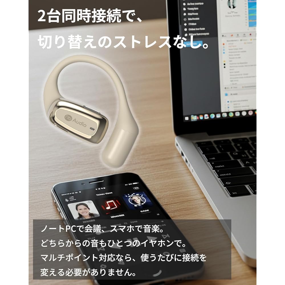 nb Open Wireless Earbuds Low Latency Mode Ear Hook Multi-Point Bluetooth Headphones with Pouch White