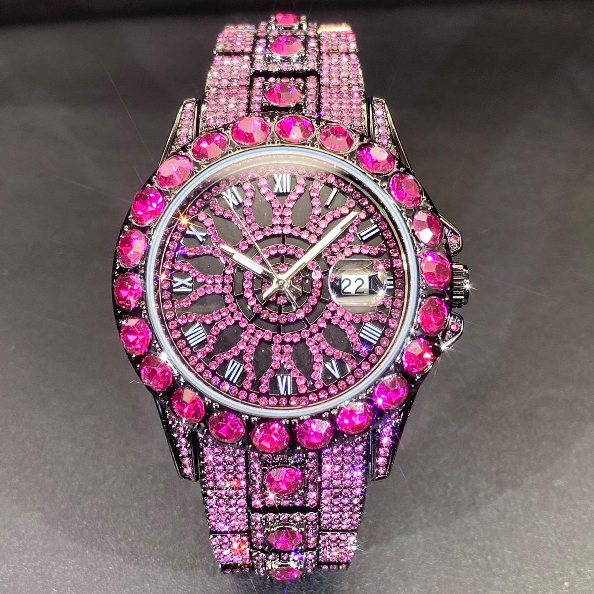 Розовые Ледяные Часы Для Мужчин Модный Бренд Хип-Хоп Полностью Алмазные Роскошные Украшения Кварцевые Наручные Часы Мужские