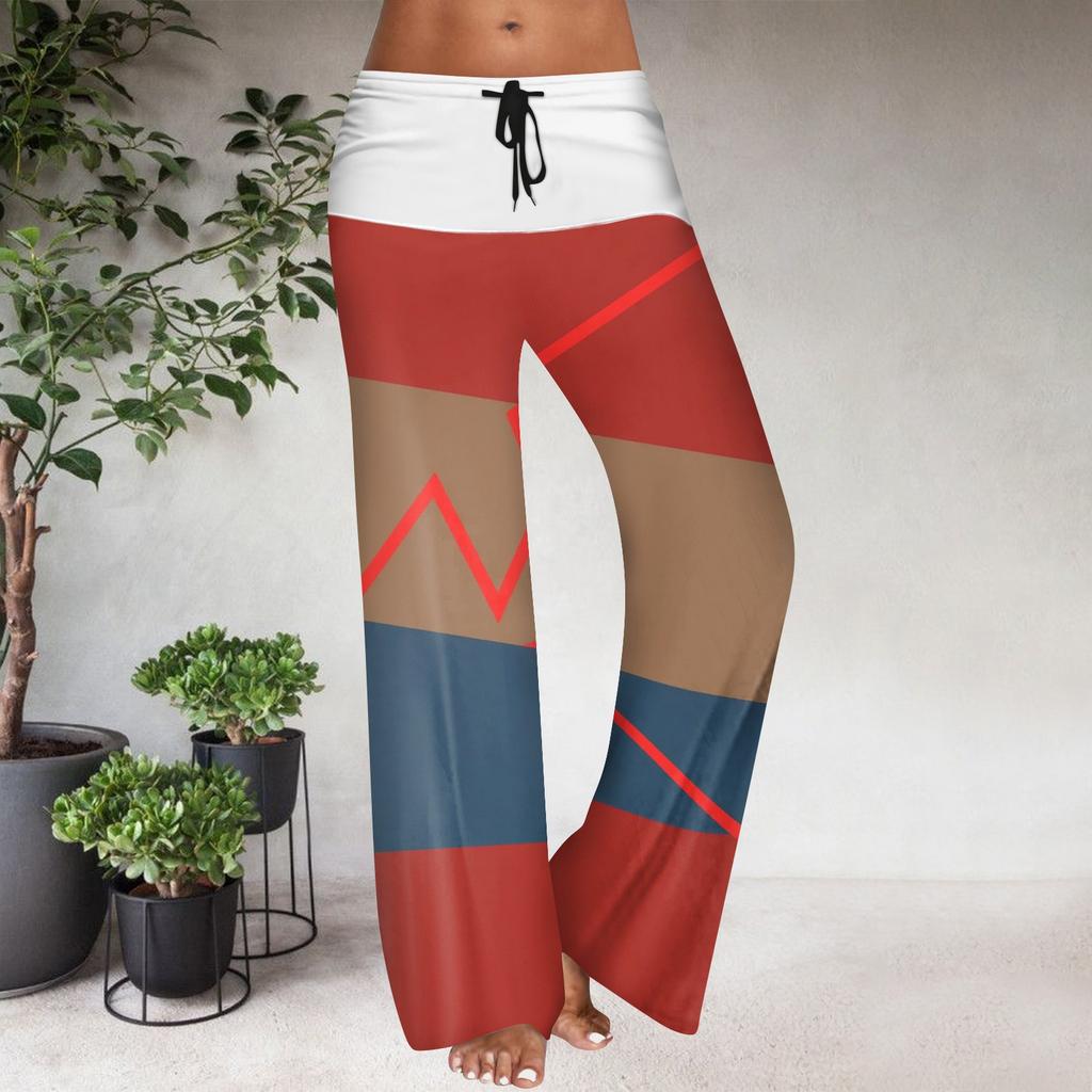 Pantaloni Casual Largi cu Talie Elastică cu Șnur pentru Femei, cu Imprimeu Floral și Blocuri de Culoare