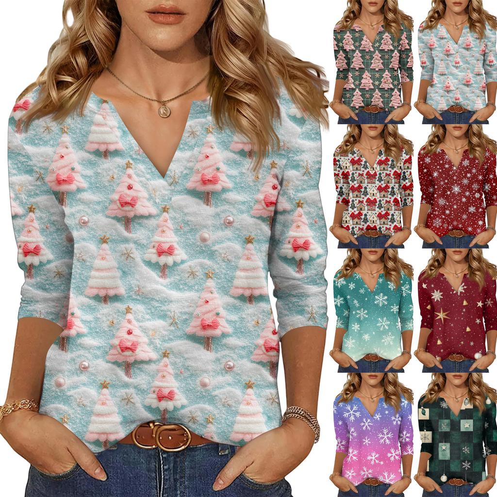 Women's Casual Fashionable Sexy Comfortable V-Neck Christmas Three-Quarter Sleeve Top