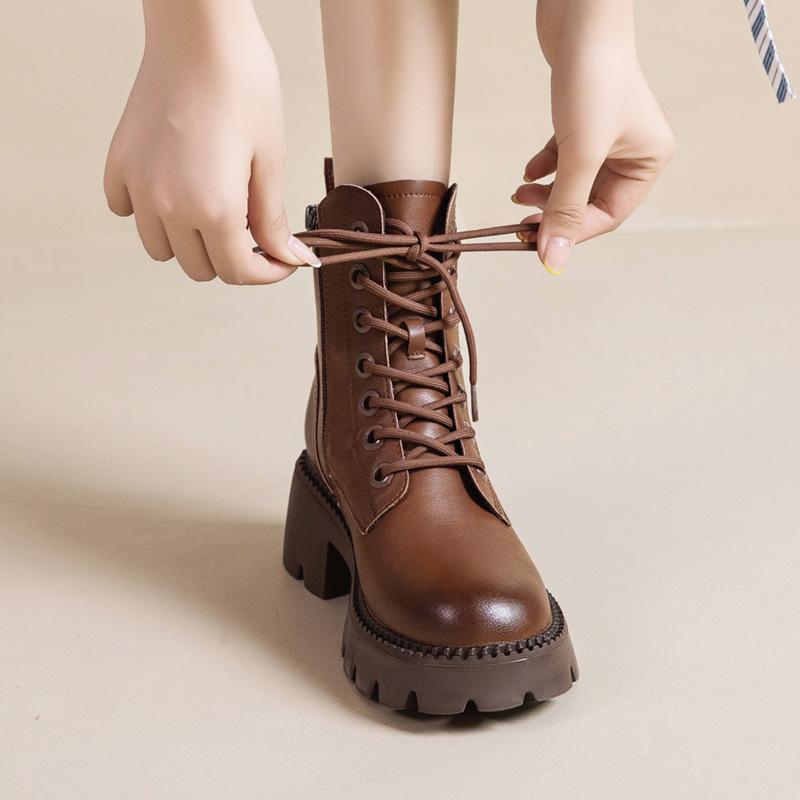 Women New Fashion Short Boots Women Cowhide Retro British Style Ankle Boots Casual Zipper High Heels Thick Soled Women Shoes